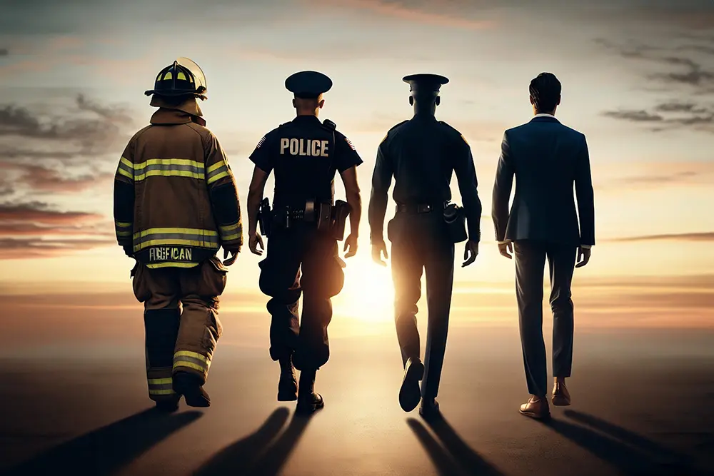 firefighter, police, veteran, and businessman walking together towards sunset